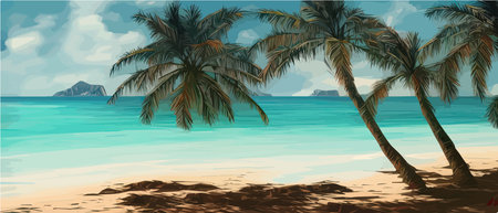 Tropical palm beach with sand sea banner vector illustration with copy space, voucher advertisingのイラスト素材