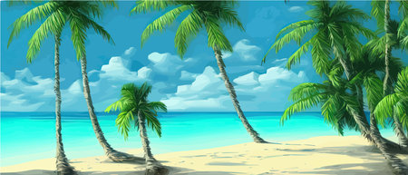 Tropical palm beach with sand sea banner vector illustration with copy space, voucher advertisingのイラスト素材