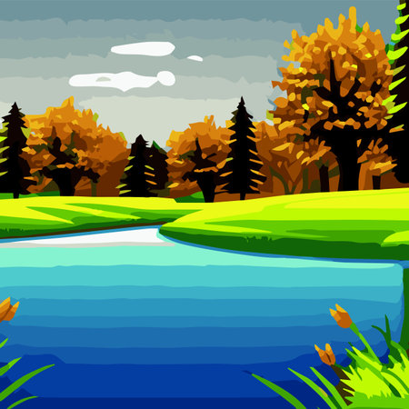 Vector illustration of beautiful spring fields with forest, mountains pond Landscape with dawnのイラスト素材