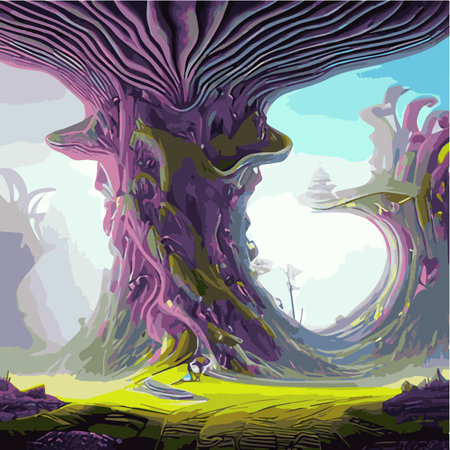 A surreal landscape with abstract trees and clouds melting islands off ground. Vector illustrationのイラスト素材
