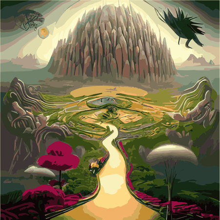 A surreal landscape with abstract trees and clouds melting islands off ground. Vector illustrationのイラスト素材
