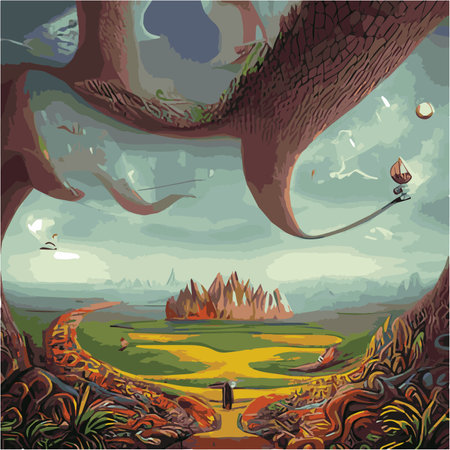 A surreal landscape with abstract trees and clouds melting islands off ground. Vector illustrationのイラスト素材