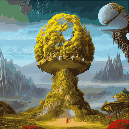 A surreal landscape with abstract trees and clouds melting islands off ground. Vector illustrationのイラスト素材