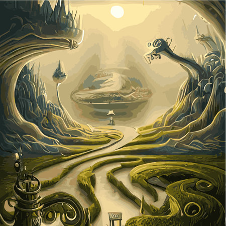 A surreal landscape with abstract trees and clouds melting islands off ground. Vector illustrationのイラスト素材