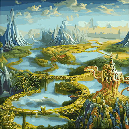 A surreal landscape with abstract trees and clouds melting islands off ground. Vector illustrationのイラスト素材