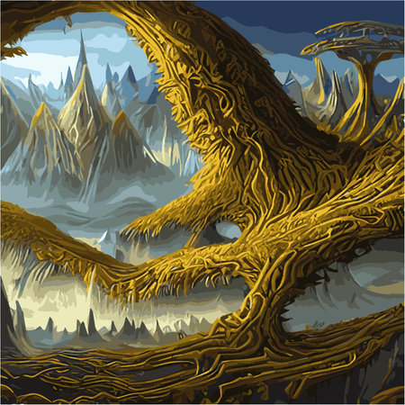 A surreal landscape with abstract trees and clouds melting islands off ground. Vector illustrationのイラスト素材