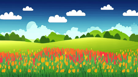 Print Spring village panorama with green meadow on hills with blue sky, vector summer or spring landscape, panoramic villageのイラスト素材