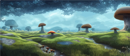 Surreal mushroom landscapes, fantasy wonderland landscape with moon mushrooms. vector illustration. Dreamy fantasyのイラスト素材