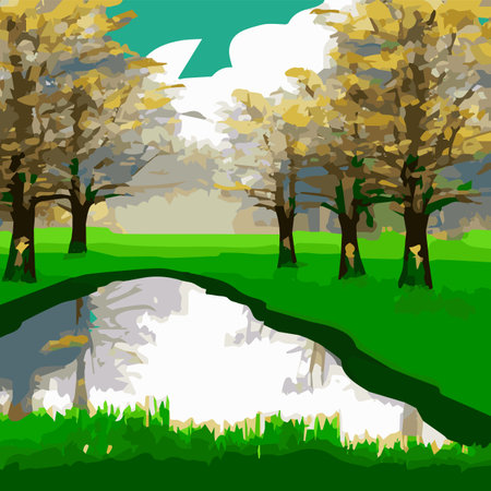 Spring landscape with forests, river, mountain, sun, blue sky and clouds, rural nature in spring with land with wildのイラスト素材