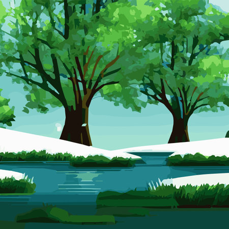Spring landscape with forests, river, mountain, sun, blue sky and clouds, rural nature in spring with land with wildのイラスト素材