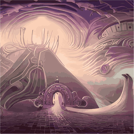 surreal landscape with abstract trees and clouds melting islands off ground. Vector illustrationのイラスト素材