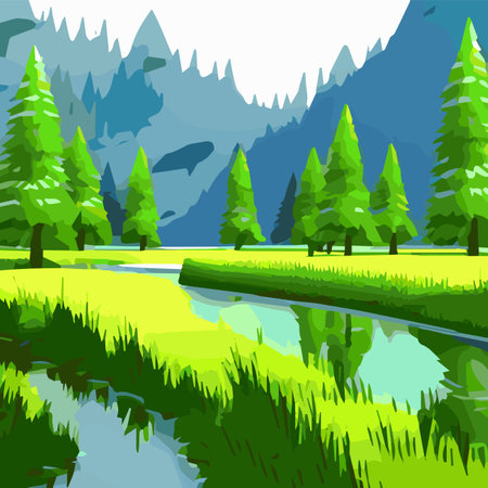 Vector illustration of beautiful spring fields with forest, mountains pond Landscape with dawnのイラスト素材