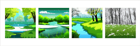 Set four square posters. Spring landscape with forests, river, mountain, sun, blue sky and clouds, rural natureのイラスト素材