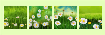 Spring background with chamomile flowers, green grass, blue sky. Can be used for Easter. Seasonal sales, summer orのイラスト素材