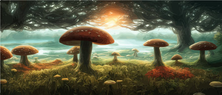 Surreal mushroom landscapes, fantasy wonderland landscape with moon mushrooms. vector illustration. Dreamy fantasyの素材 [FY310202124359]