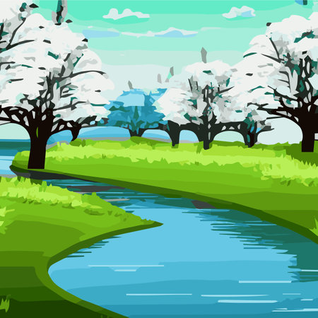 Spring landscape with forests, river, mountain, sun, blue sky and clouds, rural nature in spring with land with wildのイラスト素材