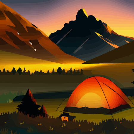 Summer camp. Vector illustration.Camping with camping background mountains with lake evening.のイラスト素材
