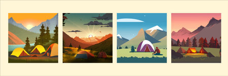 Summer camp with couple, tent and bonfire at night. Vector cartoon landscape of a natural park
