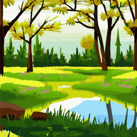 Spring landscape with forests, river, mountain, sun, blue sky and clouds, rural nature in spring with land with wildのイラスト素材