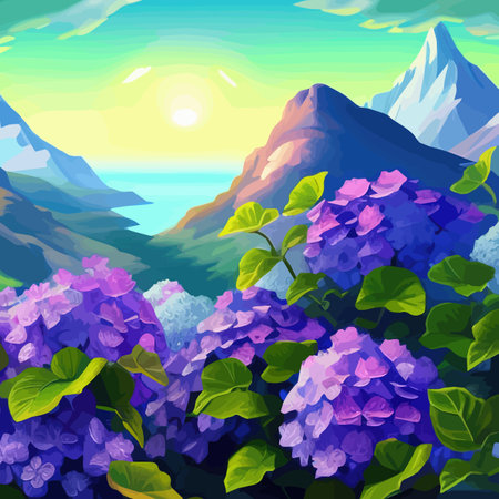 Mountain spring landscape, mountains with snowy peaks lilac flower bushes, Cartoon flat springlnature, green grasslandのイラスト素材