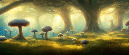 Surreal mushroom landscapes, fantasy wonderland landscape with moon mushrooms. vector illustration. Dreamy fantasyのイラスト素材
