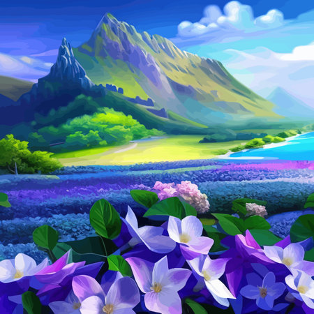 Mountain spring landscape, mountains with snowy peaks lilac flower bushes, Cartoon flat springlnature, green grasslandのイラスト素材