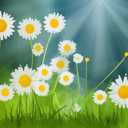 Spring background with chamomile flowers, green grass, blue sky. Can be used for Easter, birthday, party, anniversaryのイラスト素材