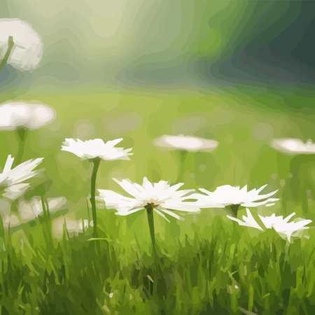 Spring background with chamomile flowers, green grass, blue sky. Can be used for Easter, birthday, party, anniversaryのイラスト素材