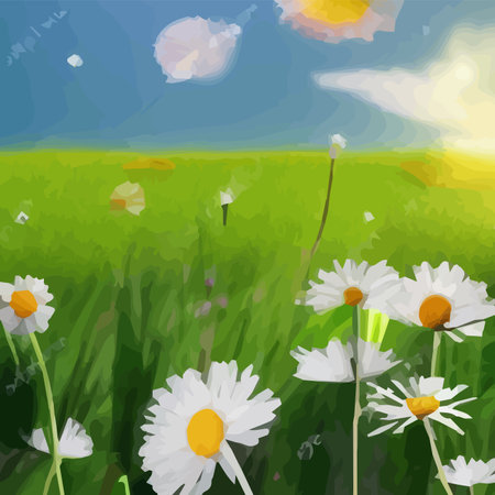 Spring background with chamomile flowers, green grass, blue sky. Can be used for Easter, birthday, party, anniversaryのイラスト素材