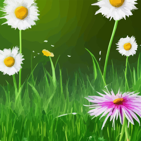 Spring background with chamomile flowers, green grass, blue sky. Can be used for Easter, birthday, party, anniversaryのイラスト素材
