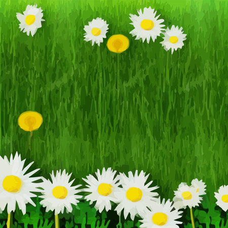 Spring background with chamomile flowers, green grass, blue sky. Can be used for Easter, birthday, party, anniversaryのイラスト素材