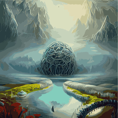 surreal landscape with abstract trees and clouds melting islands off ground. Vector illustration