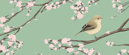 Drawing a bird on a flowering tree branches. Vintage sketch of beautiful birds with flowers. Welcoming card design.のイラスト素材
