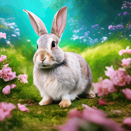 Happy Easter, cute beautiful Easter Bunny in a sunny meadow in flowers decorated Easter card, greeting card. in pastelのイラスト素材