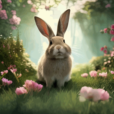Happy Easter, cute beautiful Easter Bunny in a sunny meadow in flowers decorated Easter card,...