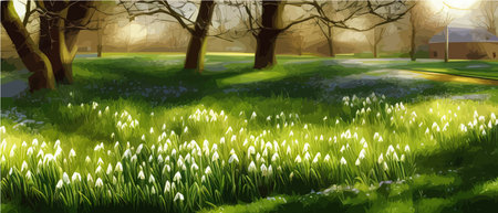 White snowy easter flowers with fresh green leaves in a spring sunny forest. Delicate snowdrops The first flowerのイラスト素材