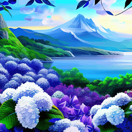 Mountain spring landscape, mountains with snowy peaks lilac flower bushes, Cartoon flat springlnature, green grasslandのイラスト素材