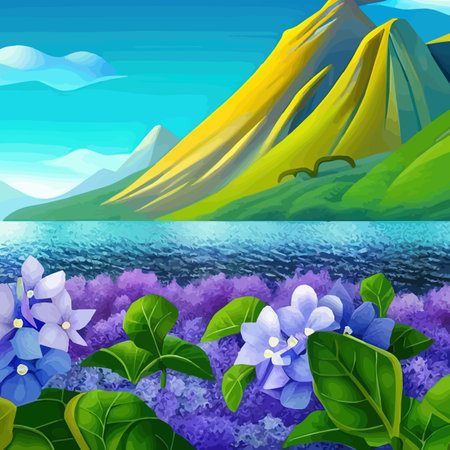 Mountain spring landscape, mountains with snowy peaks lilac flower bushes, Cartoon flat springlnature, green grasslandのイラスト素材