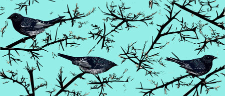 Drawing a bird on a flowering tree branches. Vintage sketch of beautiful birds with flowers. Welcoming card design.のイラスト素材