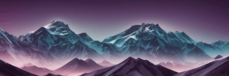 Mountain spring landscape, mountains with snowy peaks lilac flower bushes, Cartoon flat springlnature, green grasslandのイラスト素材