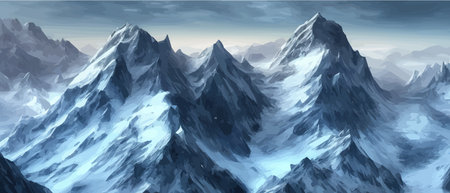 Fantasy epic magic mountain landscape. Mystical winter valley valley , Panoramic view of big mountains . Mountainsのイラスト素材