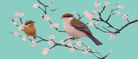 Drawing a bird on a flowering tree branches. Vintage sketch of beautiful birds with flowers. Welcoming card design.のイラスト素材