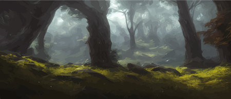 Fantasy epic magic mountain landscape. Mystical winter valley valley , Panoramic view of big mountains . Mountainsのイラスト素材