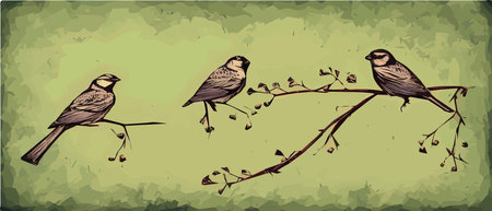 Drawing a bird on a flowering tree branches. Vintage sketch of beautiful birds with flowers. Welcoming card design.のイラスト素材