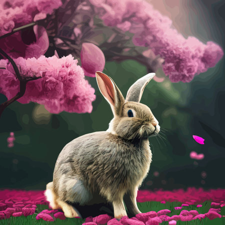 Happy Easter, cute beautiful Easter Bunny in a sunny meadow in flowers decorated Easter card, greeting card. in pastelのイラスト素材