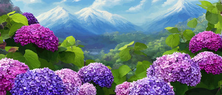 Mountain spring landscape, mountains with snowy peaks, lilac flower bushes, cartoon flat spring nature, green pasture meadow with forests, beautiful spring day mountains, vector illustration banner.のイラスト素材