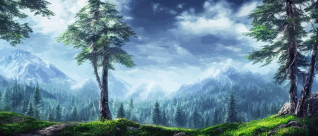 Wild natural landscape with mountains, coniferous forest with copy space.のイラスト素材