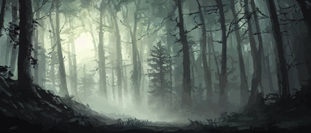 Misty forest. Dark tree silhouette. Tree tricks in the blue mist. Fog in the night forest vector illustration banner. Spooky forest with full moon and floor. Without leaves and branches of autumn.のイラスト素材
