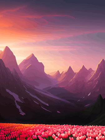 Vector spring background. Dutch landscape with tulip field, trees, hills, mountains.のイラスト素材