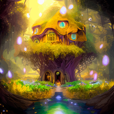 Fairy-tale house in a tree with a roof intertwined. Square flat cartoon illustration with textures. Forest house madeのイラスト素材
